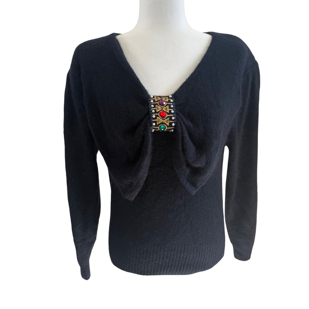 VTG 90s IB Diffusion Black Wool Silk Angora Beaded‎ Bow Sweater Womens M Jewels